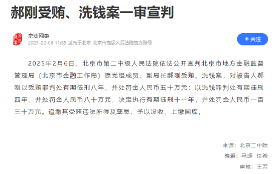 北京市地方金融监督管理局原副局长郝刚一审获刑11年