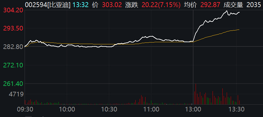 比亚迪午后大涨超7%，股价重回300元